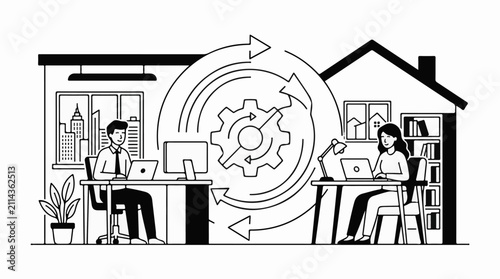 Remote workers collaborating with a central process gear and circular flow