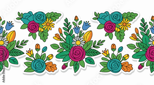 Repeating floral border with colorful roses daisies and buds