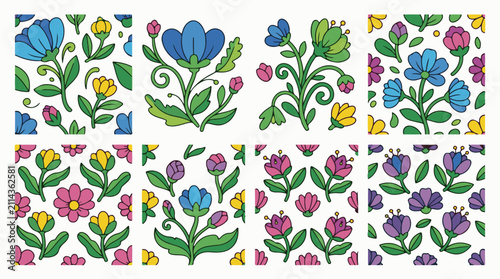 Repeating floral patterns in blue yellow pink and purple hues