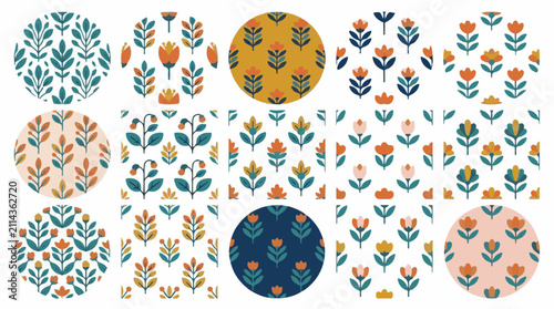 Repeating patterns of stylized flowers and leaves in circles and squares