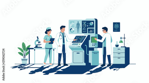 Researchers in lab coats operate advanced scientific equipment