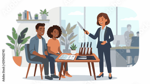 Retail assistant demonstrates knives to a couple in a modern store