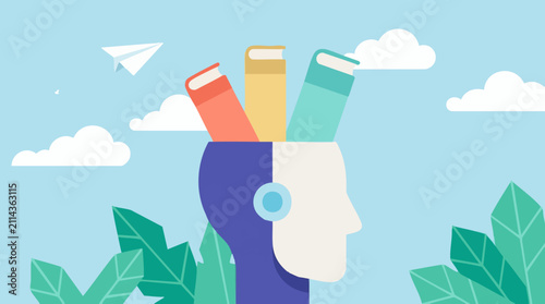Принти на полотні Knowledge and Learning Concept with Books in Human Head Illustration