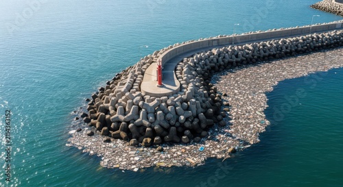 Harbor breakwater traps vast amounts of ocean plastic pollution and marine debris