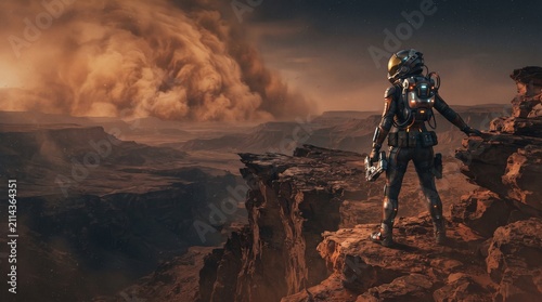 Astronaut stands alone on the jagged edge of a crimson planetary cliff while a massive dust storm approaches from the horizon during an exploration mission on the surface of a distant alien world.