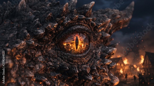 Dragon eye glows with an intense inner fire as the creature watches over a burning village during a dark night of chaos and destruction in this epic scene depicting a powerful mythical beast.