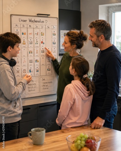 Family planning weekly schedule in a kitchen at home