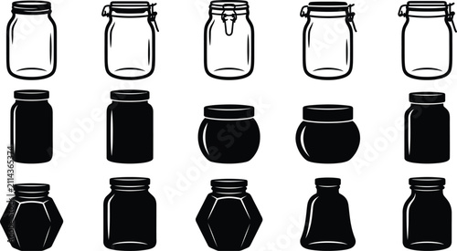 Bild auf Leinwand Collection of various glass jar silhouettes in black and white, featuring differ