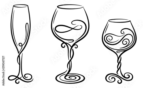 Elegant wine glasses with decorative swirl line art