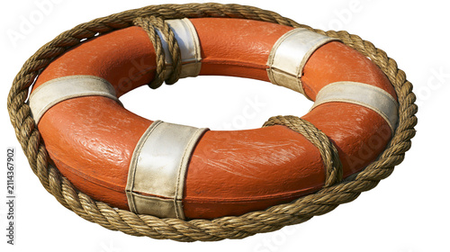 Canvastavla Orange life preserver ring with thick rope and white straps