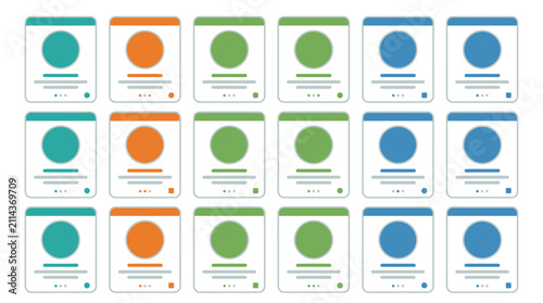 Collection of Informational Cards with Circular Icons and Placeholder Text, Representing Data or Concepts