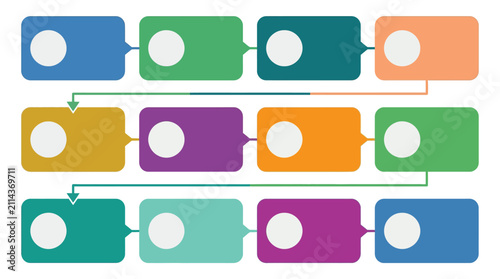 Colorful twelve step business process flowchart timeline template showing sequential workflow progress