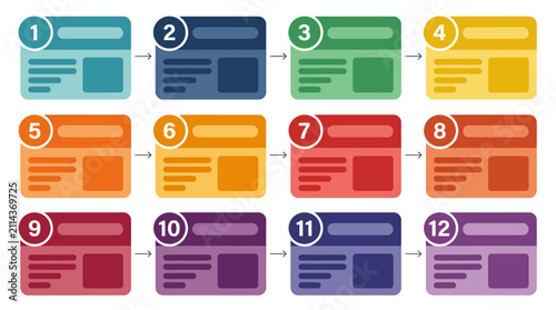 Conceptual illustration depicting a structured web design process or user interface workflow, showcasing twelve sequential steps for digital content progression and user engagement