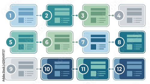 Visual representation of a 12-step process or workflow, illustrated with distinct panels and numbered indicators for clarity and progression