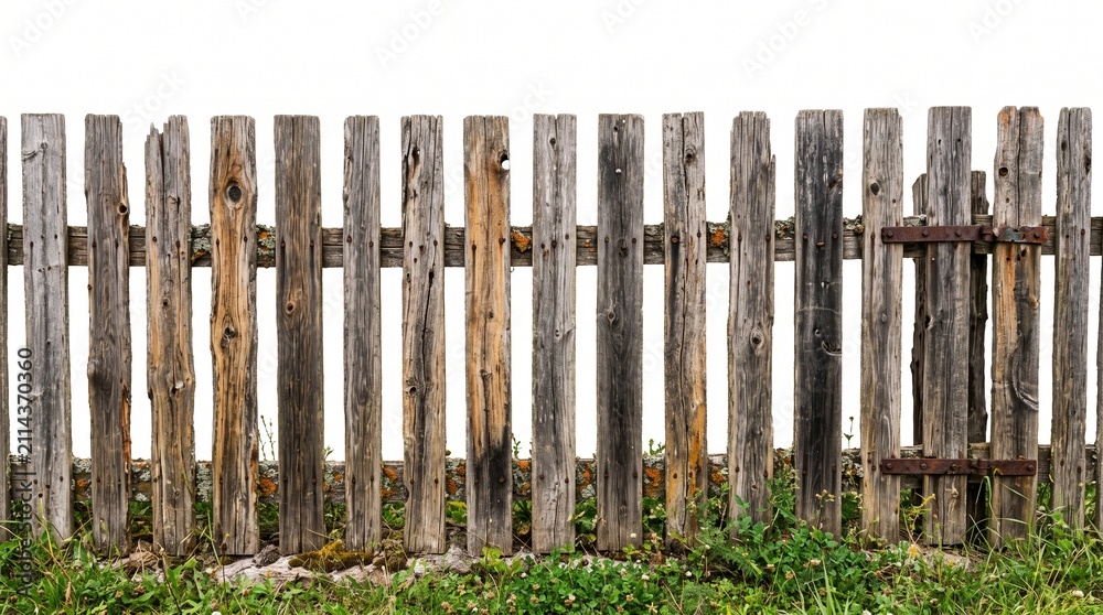 Fototapeta premium Old Weathered Rustic Wooden Fence Isolated on White Background