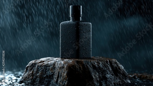 Dark perfume bottle on stone amidst rain shower