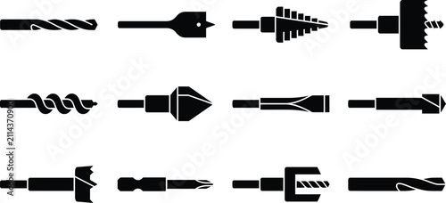 Drill Bits Set Vector Icons for Woodworking Metal Drilling Construction Tools and Equipment