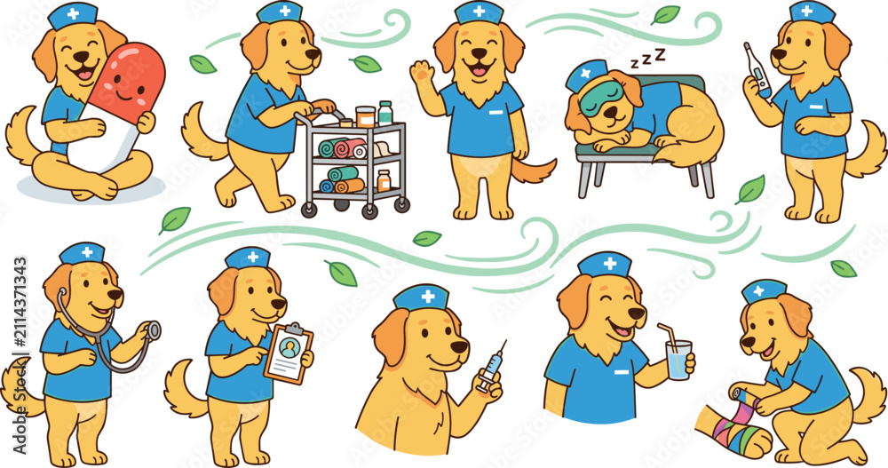 Fototapeta premium Cute Cartoon Dog Nurse Sticker Set with Golden Retriever Character Holding Medical Equipment Pill and Syringe for Hospital Care Graphics