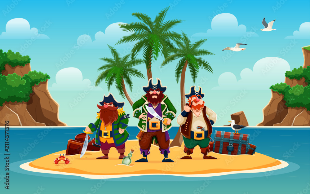 Obraz premium Cartoon pirate ship crew characters on Caribbean island with treasures. Bearded corsairs crew stand on a small tropical ocean island with palm trees and buried treasure chest beside bottles and a crab