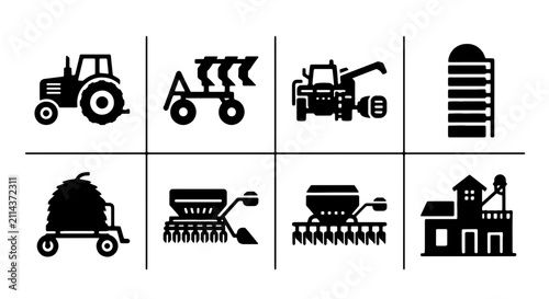 Cuadro en lienzo Farm Equipment Icons Set, Agricultural Machinery Vector Collection, Rural Indust