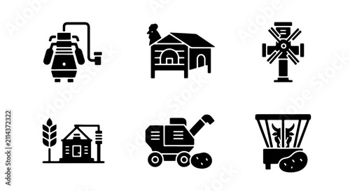 Foto Farm Equipment Icons, Agricultural Machinery Set, Rural Industry Symbols, Harves