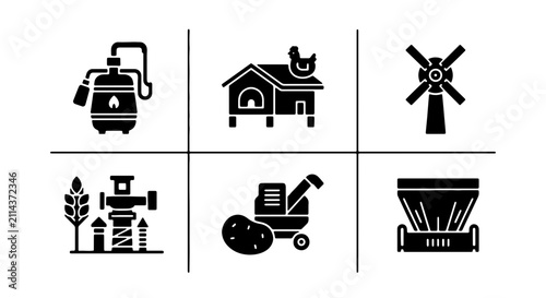 Foto Farm Equipment Icons: Silo, Chicken Coop, Windmill, Harvester, Potato Planter, S