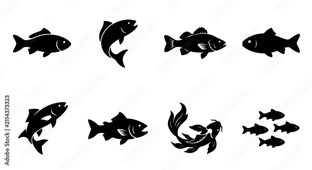 Fototapeta premium Diverse Fish Silhouettes Collection, Aquatic Life Icons Set, Seafood Vector Graphics, Marine Animal Illustrations for Design