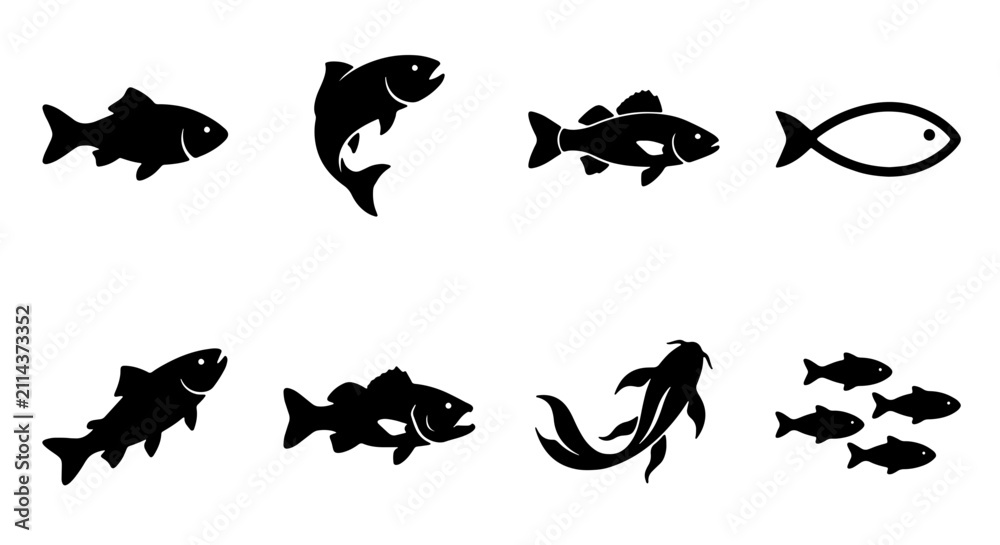 Obraz premium Diverse Fish Silhouettes Collection, Aquatic Life Icons, Seafood Vector Graphics, Marine Animal Shapes for Design
