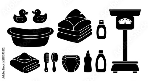 Konstfotografi Baby Bath Time Essentials Collection, Vector Icons: Rubber Ducks, Bathtub, Towel