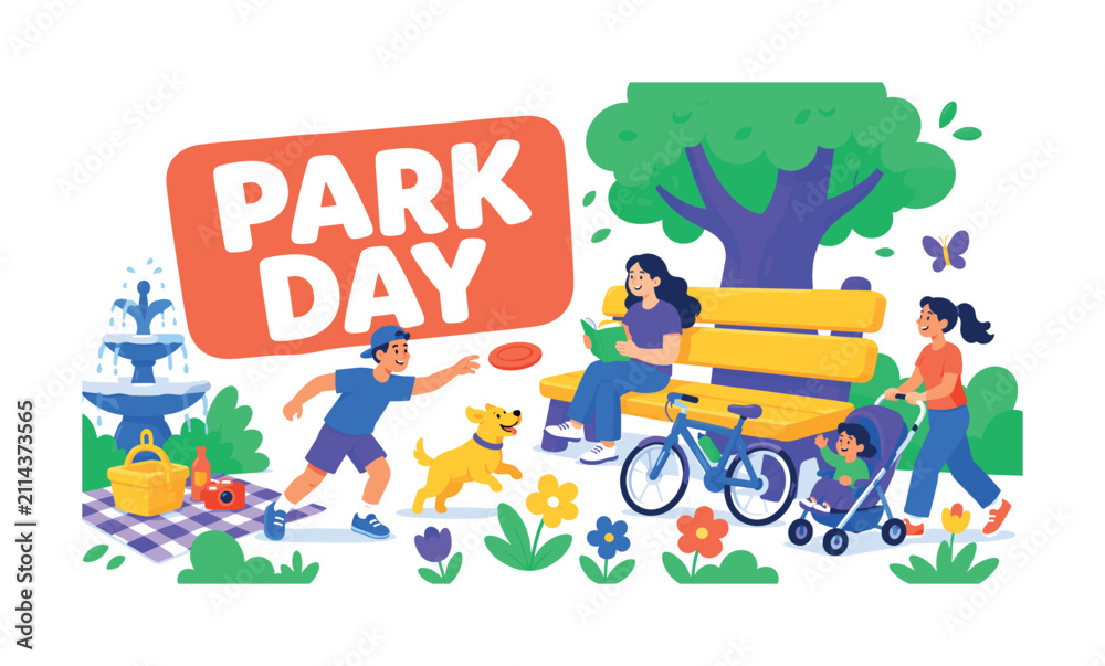 Fototapeta premium Park Day Outdoor banner scene with 3 expressive family visitors enjoying oversized park bench and large tree, one throws frisbee while another reads book and another pushes stroller, supporting