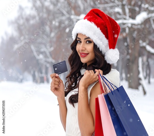 Woman in a Santa hat holding a credit card and colorful shopping bags outdoors in snowy winter background.