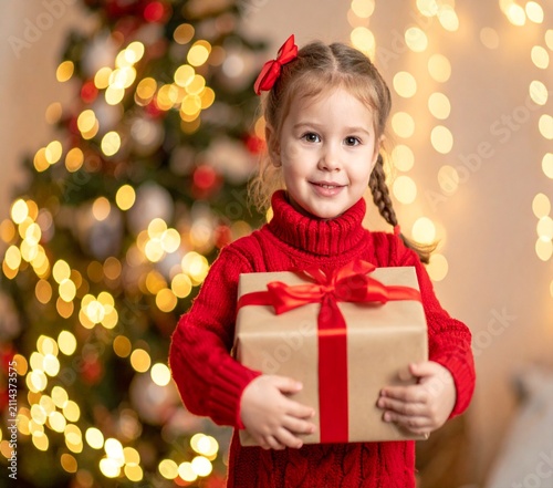 Little girl in a red sweater holding a wrapped Christmas gift with a blurred Christmas tree background.