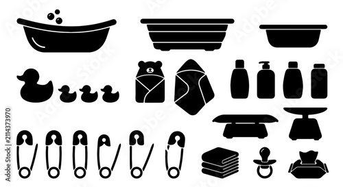 Fotografie Baby Bath Time Icons Set, Newborn Care Essentials Collection, Rubber Duck, Batht