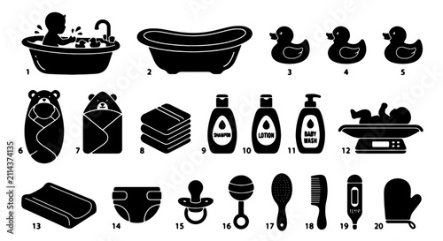 Obraz na płótnie Baby Care Icons Set, Newborn Essentials Vector Graphics, Bath Time & Hygiene Sym