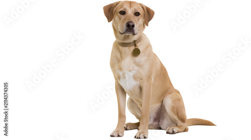 Labrador Retriever dog sitting wearing a collar with a tag