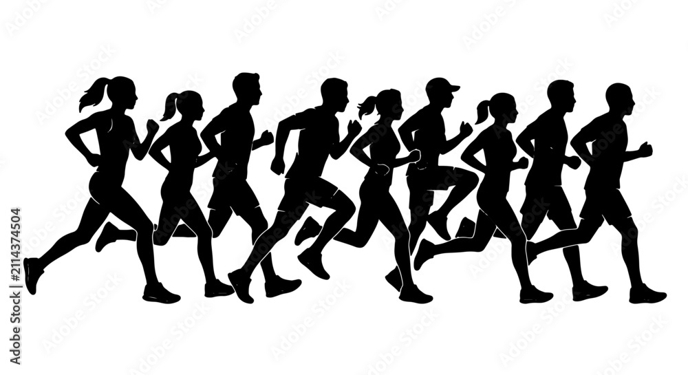 Obraz premium Diverse Group of Runners, Male and Female Athletes in Motion, Silhouette Vector Art for Fitness and Sports Concepts