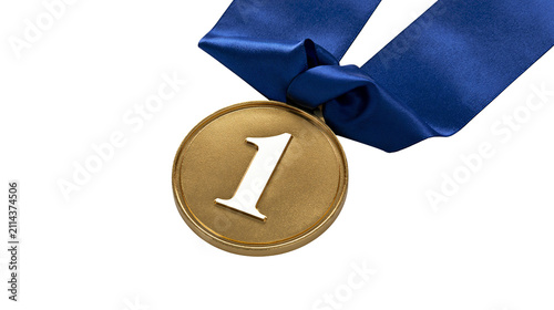 Gold medal with blue ribbon and number 1
