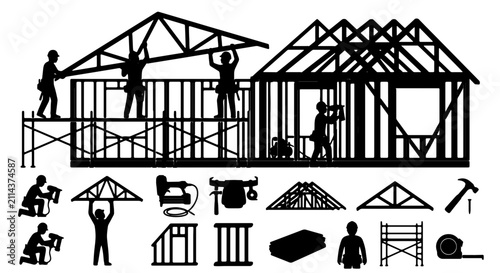 Construction workers building house frame, roof trusses, tools, and scaffolding. Residential building development, carpentry, and home renovation vector elements.