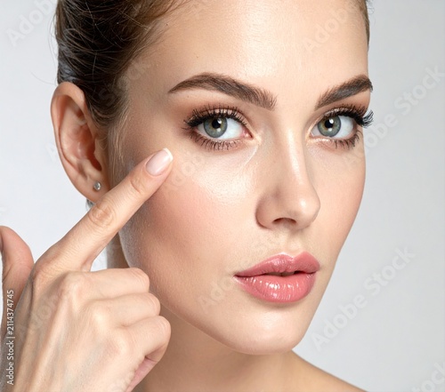 Close-up beauty shot of a woman pointing her finger near her eye highlighting smooth skin and clear look.
