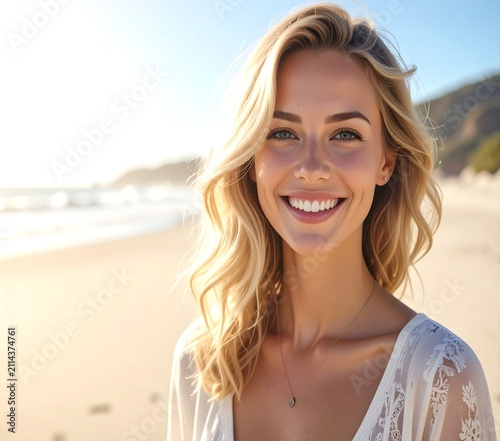 Happy blonde woman with wavy hair smiling brightly at the camera on a sunny beach outdoors.