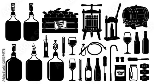 Принти на полотні Home Brewing Equipment Vector Icons Set, Fermentation Tools, Wine Making Supplie