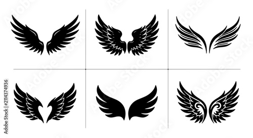 Canvastavla Diverse Wing Vector Icons Set, Angelic and Tribal Designs, Black Silhouette Grap