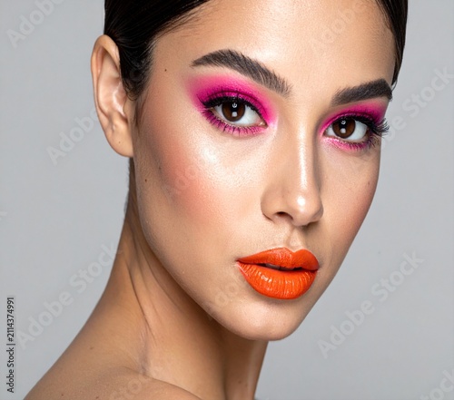 Close-up makeup beauty shot of a woman with vibrant pink eyeshadow and bright orange lipstick.