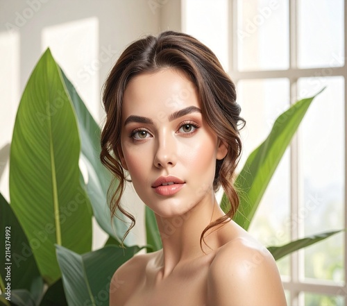 Portrait of a young female model surrounded by green houseplant leaves in soft natural sunlight.