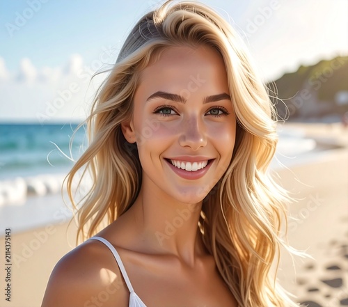 Happy young blonde woman smiling on a sunny beach during summer vacation