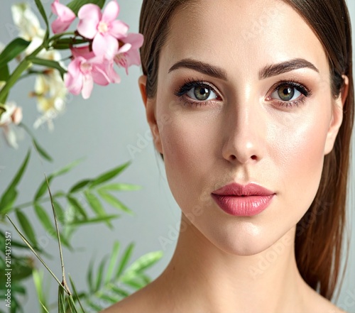 Close-up portrait of a fresh-faced woman with pink floral elements framing her face on a green background.