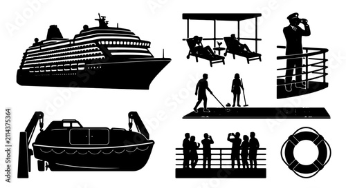 Foto Cruise Ship Icons Set, Nautical Voyage Silhouettes, Ocean Liner Elements, Lifebo