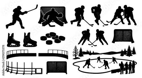 Photography Hockey Player Silhouettes, Ice Hockey Action Set, Sports Equipment Icons, Winter