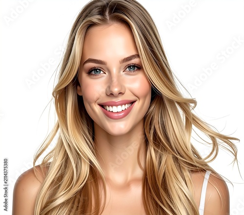 Close-up portrait of a smiling blonde woman with natural light makeup and wavy hair.