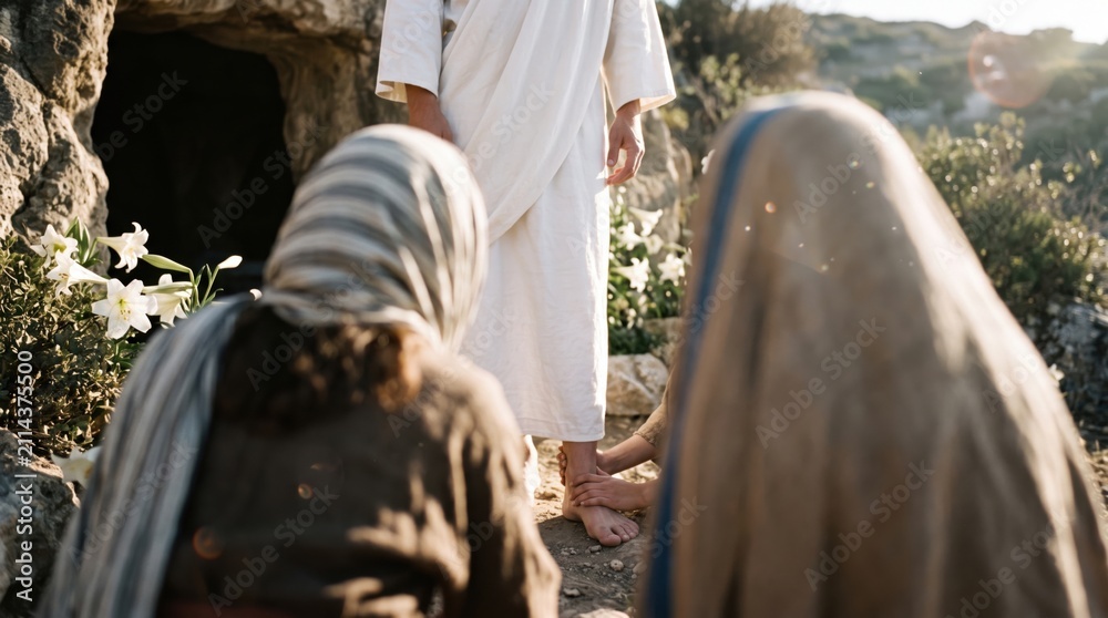 Obraz premium Jesus Christ appears to women at the empty tomb on Easter morning. Resurrection of Savior revealed to followers near grave entrance. Biblical scene of faith, hope and Christian worship.